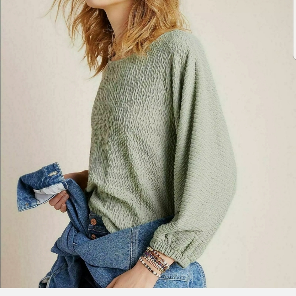 Anthropologie Womens Top Arya Textured Balloon Popover Knit Green M Oversized